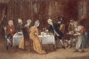 An elegant interior with a lady and gentleman toasting,other figures drinking and smoking at the table unknow artist